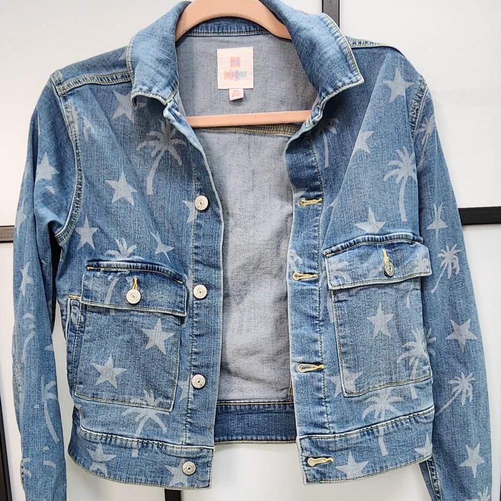 Lularoe star palm tree pattern stretch denim jacket size XS